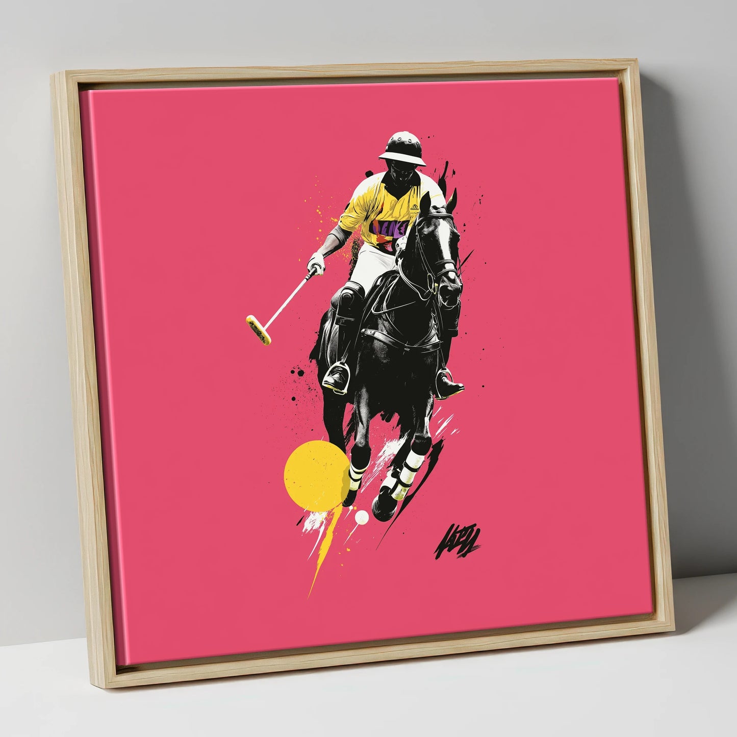 Magenta Chukka polo horse canvas wall art in natural frame