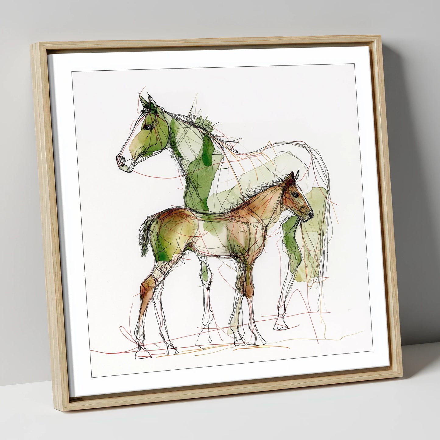 Lines of Kinship mare & foal canvas wall art in natural frame