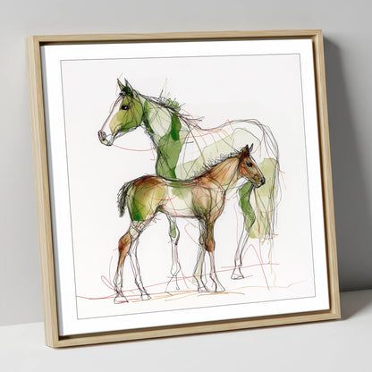 Lines of Kinship mare & foal canvas wall art in natural frame