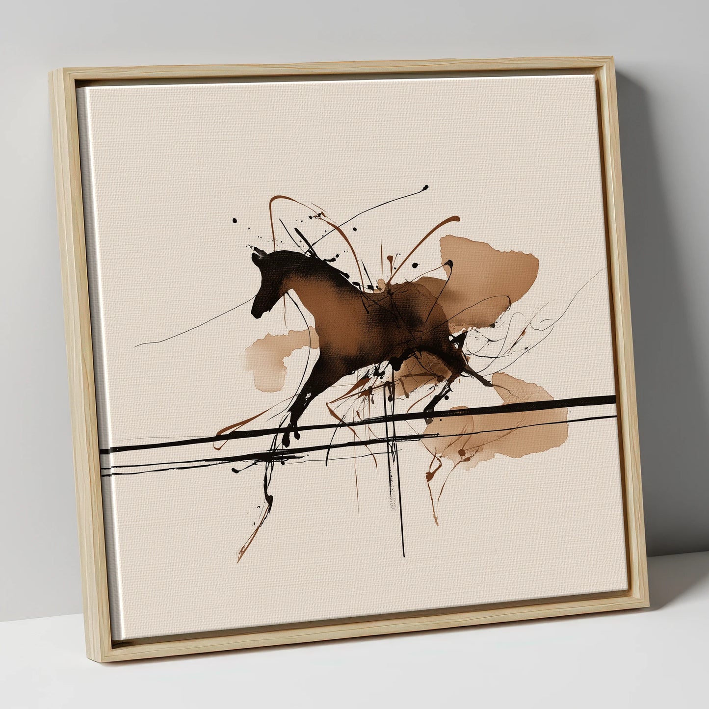 Dynamic Ink Canter horse portrait canvas wall art in natural frame
