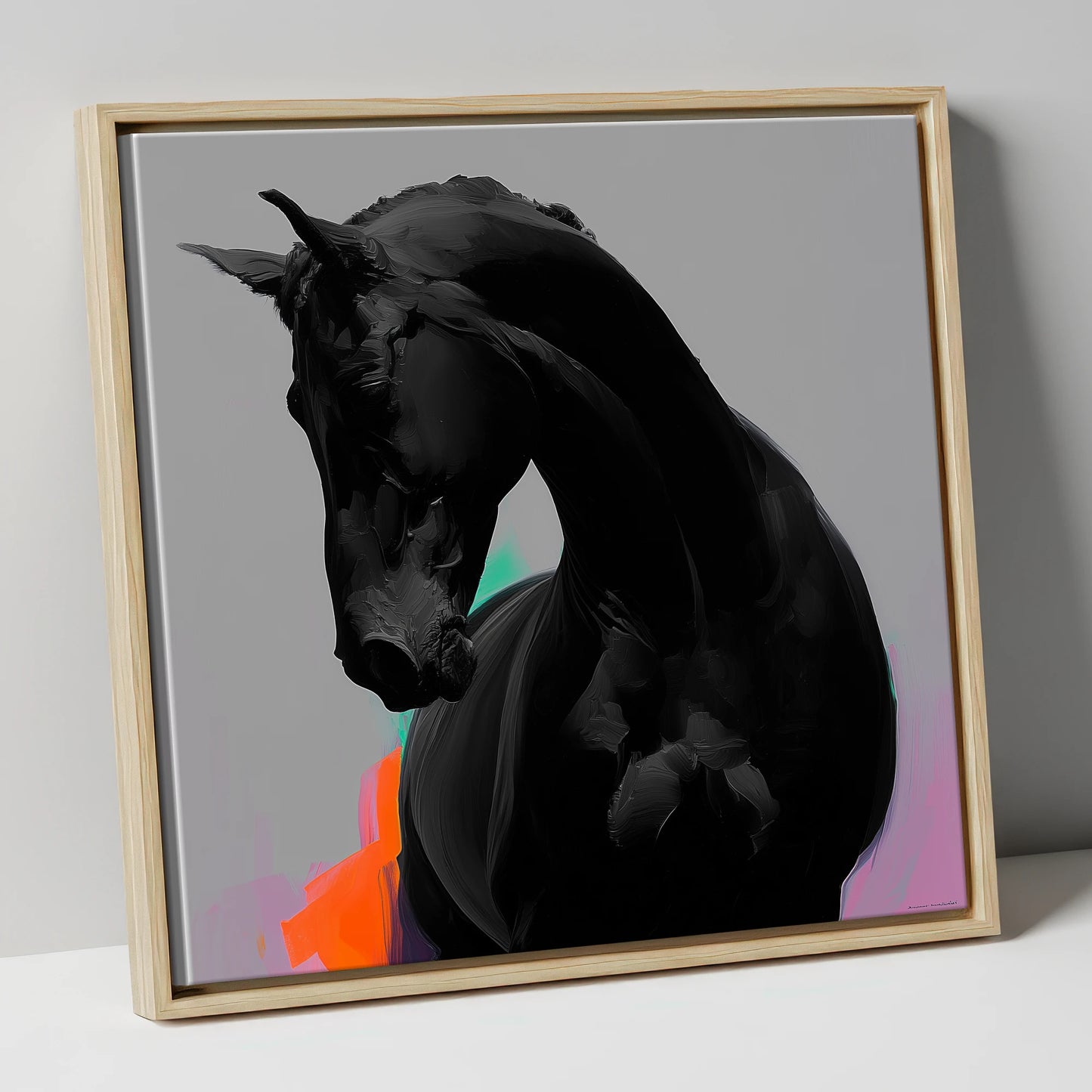 Sculpted Obsidian horse breed canvas wall art in natural frame