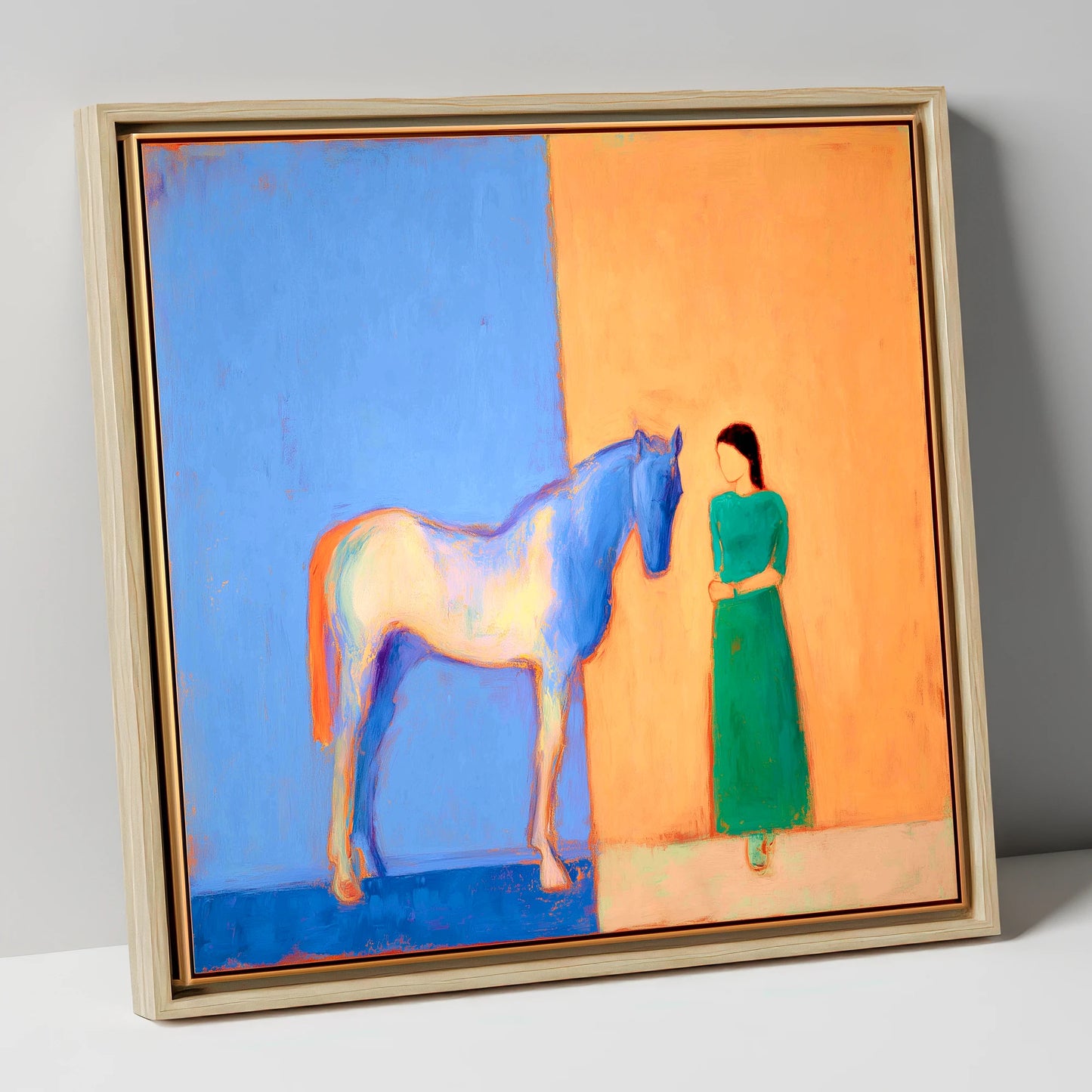 The Silent Dialogue horse & rider canvas wall art in natural frame