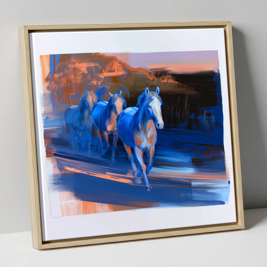 Cobalt Dawn Herd wild horses canvas wall art in natural frame