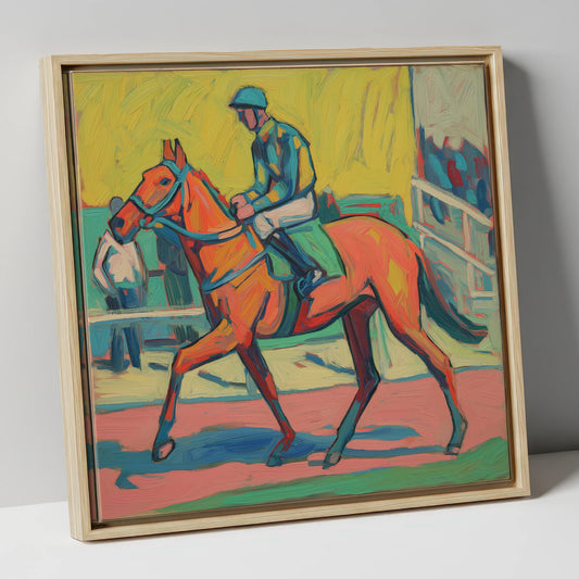 The Bold Contender racing horse canvas wall art in natural frame