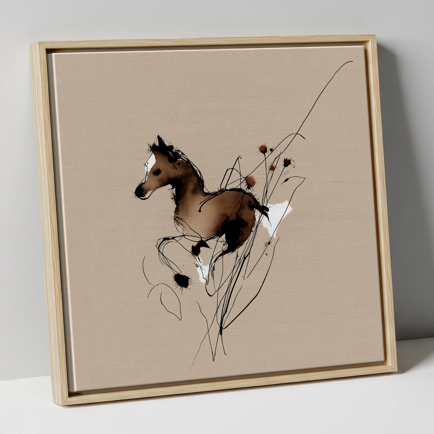 Joyful Bound horse portrait canvas wall art in natural frame