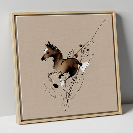 Joyful Bound horse portrait canvas wall art in natural frame