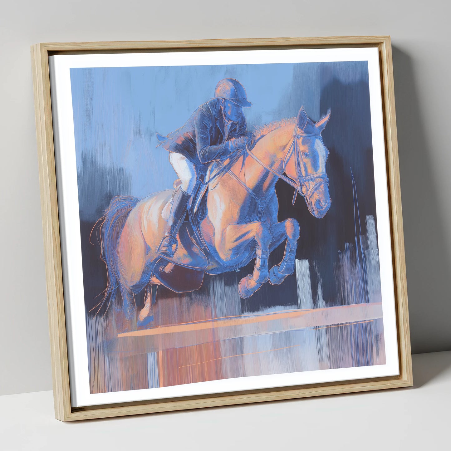 Cobalt Ascent show jumping horse canvas wall art in natural frame