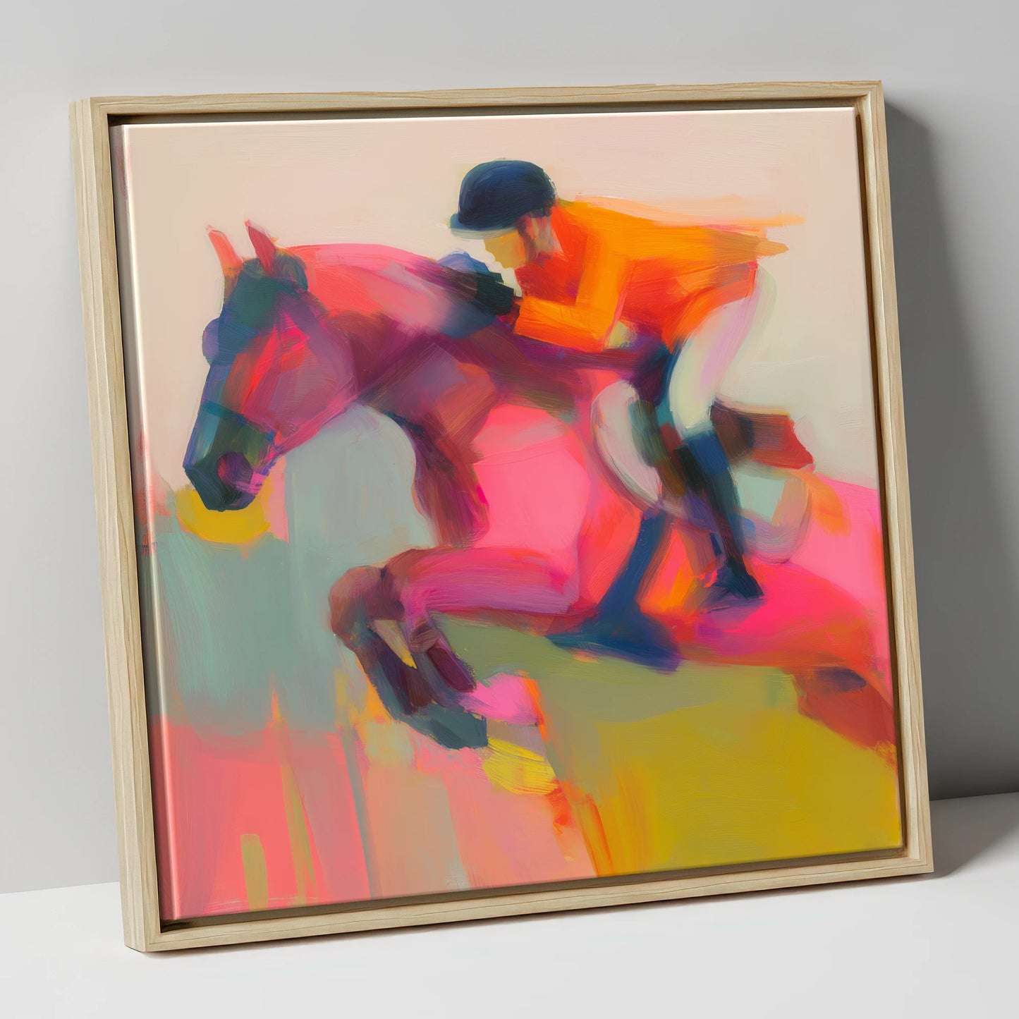 Vivid Ascent show jumping horse canvas wall art in natural frame