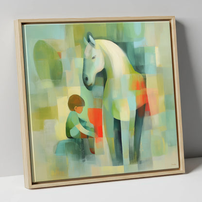 The Quiet Companion horse & rider canvas wall art in natural frame