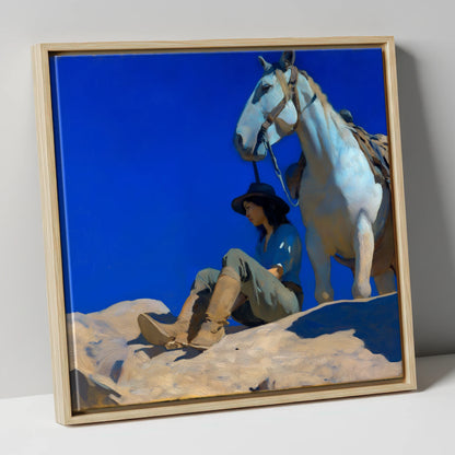 Beneath Azure Skies horse & rider canvas wall art in natural frame