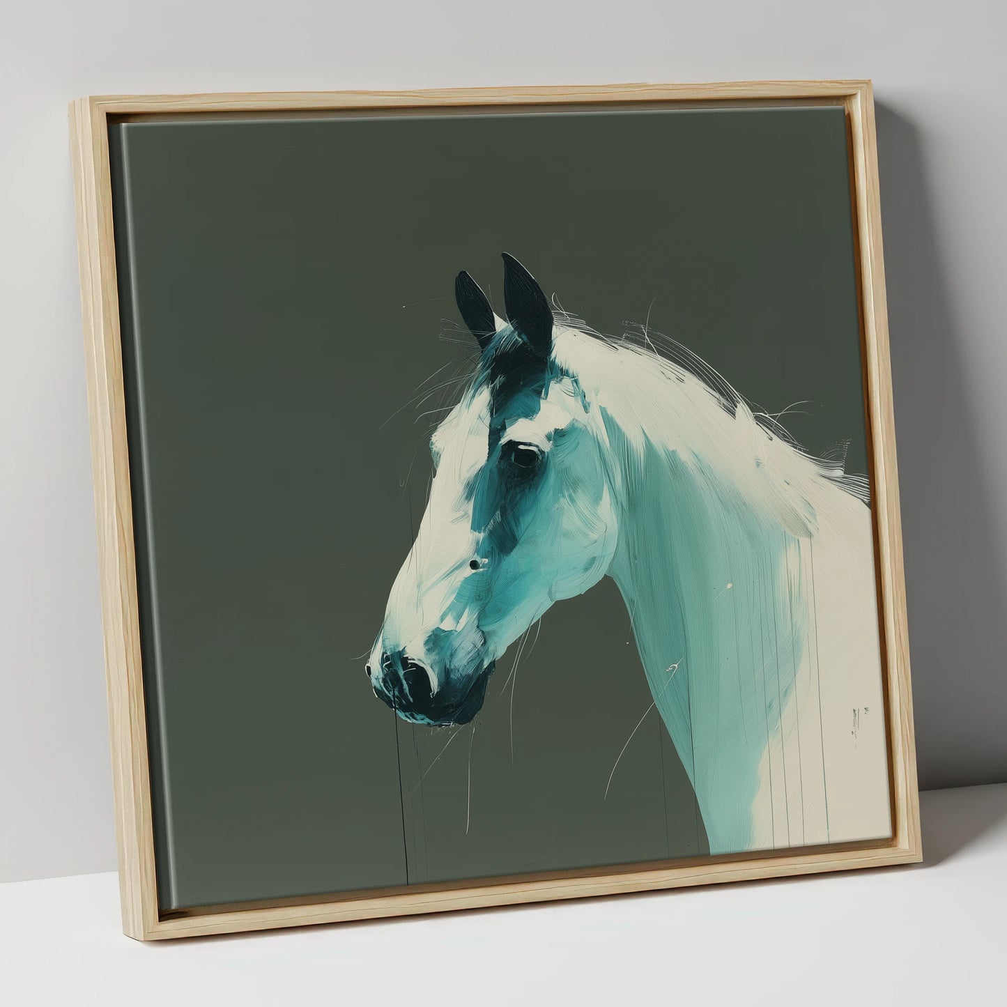 Contemporary Teal Profile horse portrait canvas wall art in natural frame