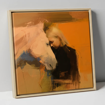 Silent Connection horse & rider canvas wall art in natural frame