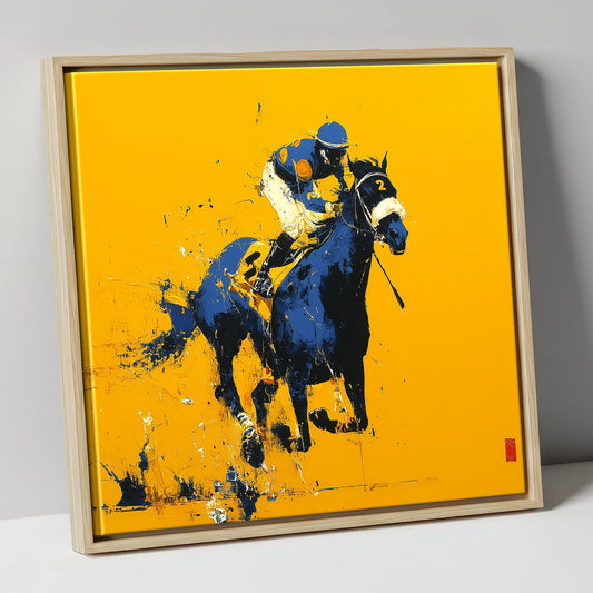 Cobalt Gallop racing horse canvas wall art in natural frame