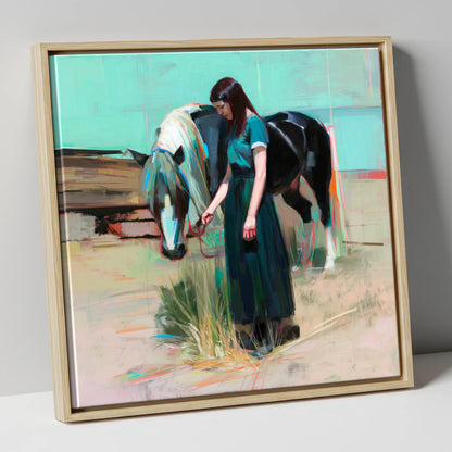 Stillness in Teal horse & rider canvas wall art in natural frame