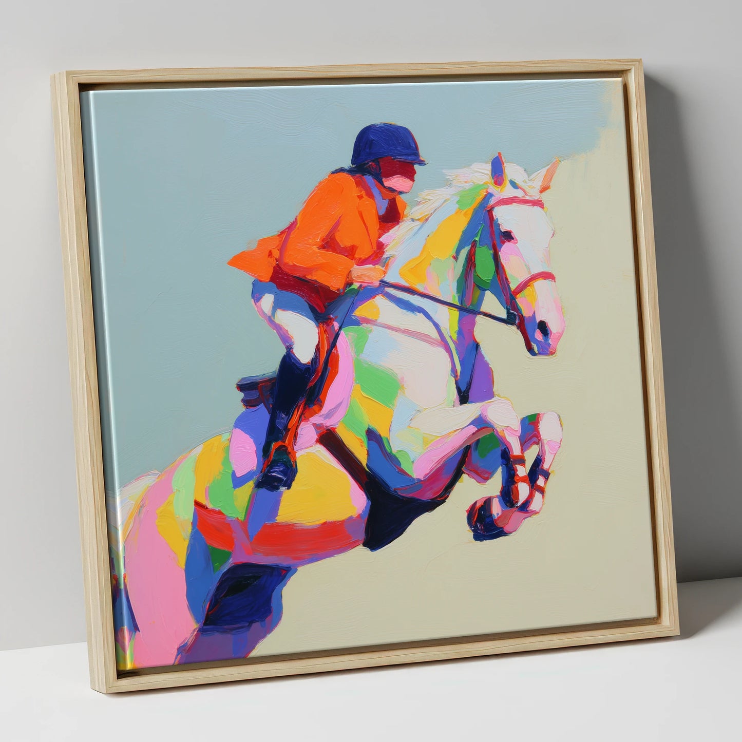 Chromatic Leap show jumping horse canvas wall art in natural frame