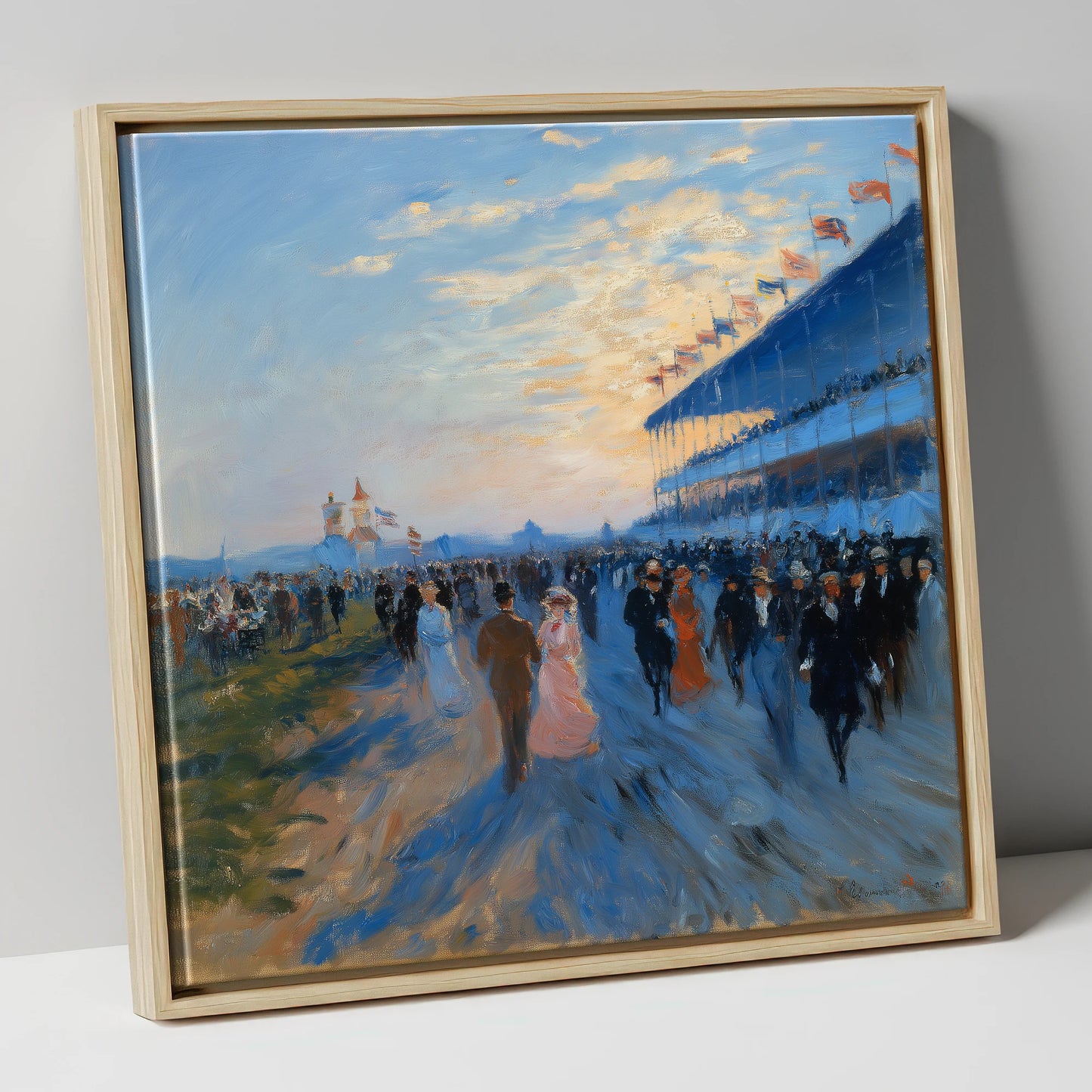 Evening at the Races racing horse canvas wall art in natural frame