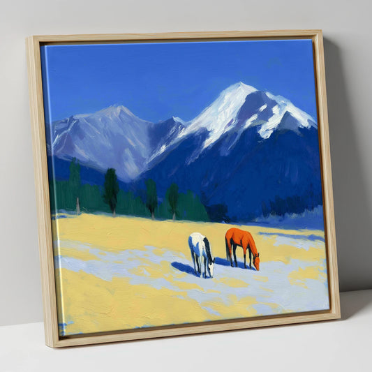 Azure Peaks and Golden Grazing horse landscape canvas wall art in natural frame