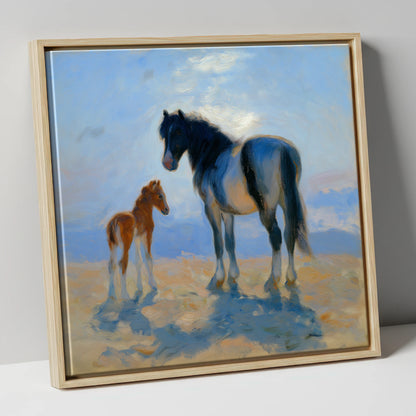 Cerulean Morning Light mare & foal canvas wall art in natural frame