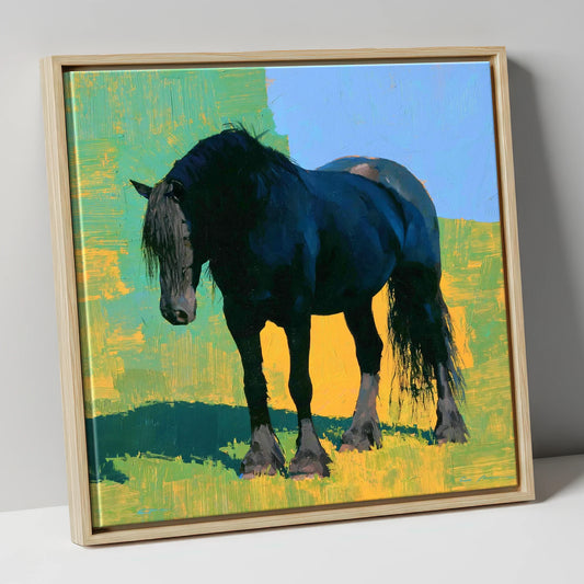 Black Horse Against Vibrant Yellow horse breed canvas wall art in natural frame