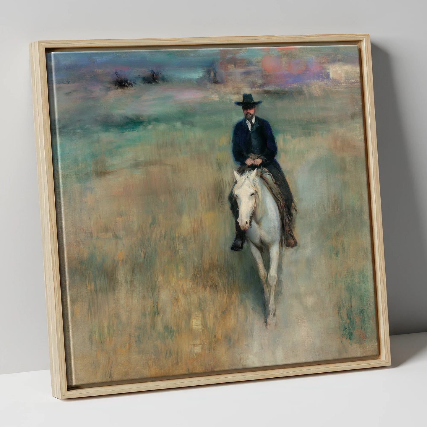 Solitary Trail Rider western horse canvas wall art in natural frame