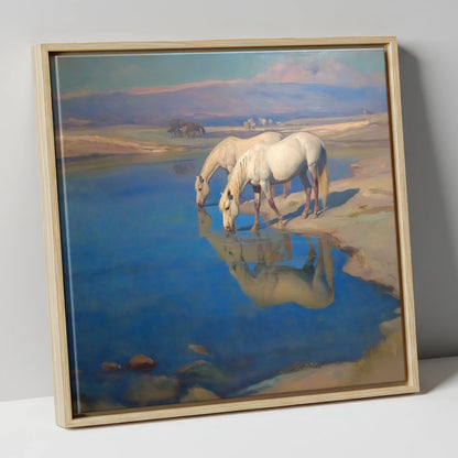 Reflections in Azure wild horses canvas wall art in natural frame