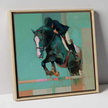 Suspended in Teal show jumping horse canvas wall art in natural frame