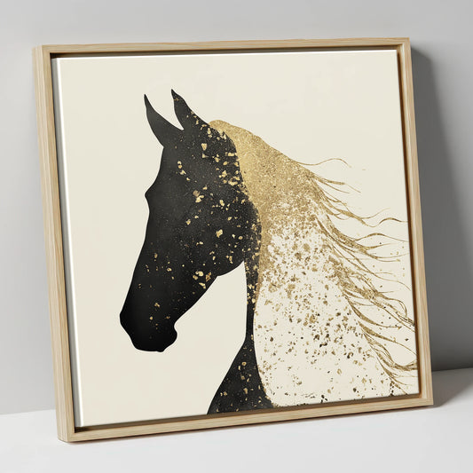 Gold Splatter Black Horse Profile horse breed canvas wall art in natural frame