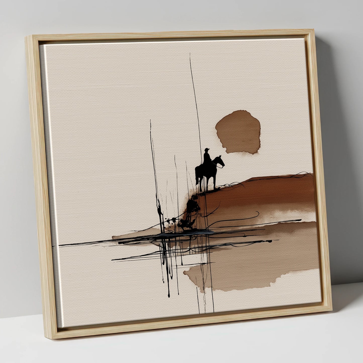 The Quiet Horizon western horse canvas wall art in natural frame