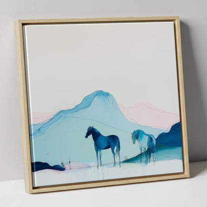 Azure Mountain Serenity horse landscape canvas wall art in natural frame