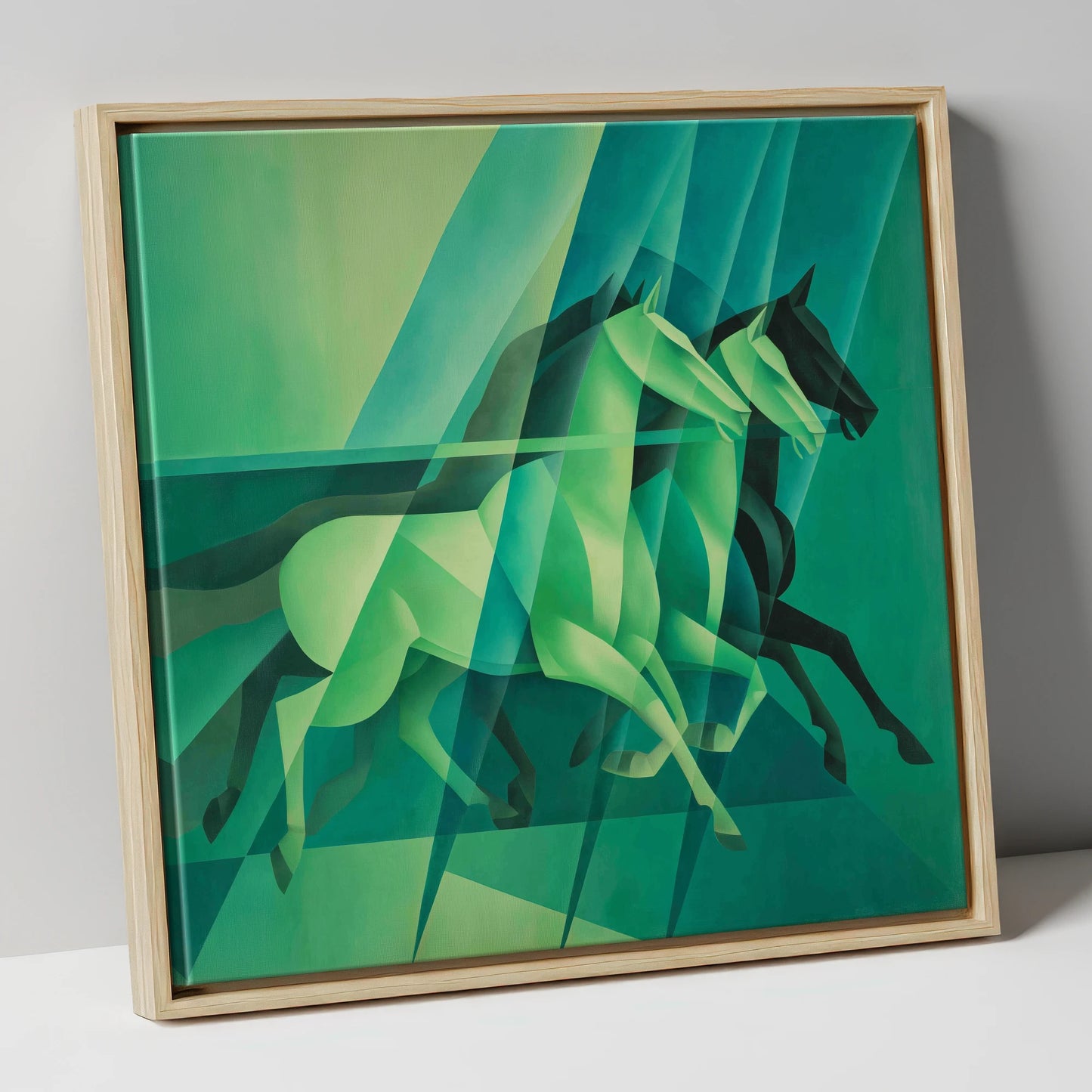 Emerald Rhythm racing horse canvas wall art in natural frame