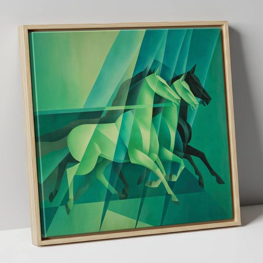 Emerald Rhythm racing horse canvas wall art in natural frame