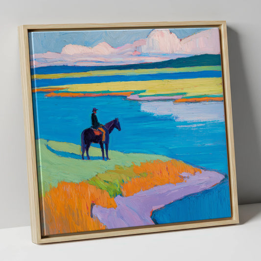 Vivid Coastal Solitude beach horse canvas wall art in natural frame