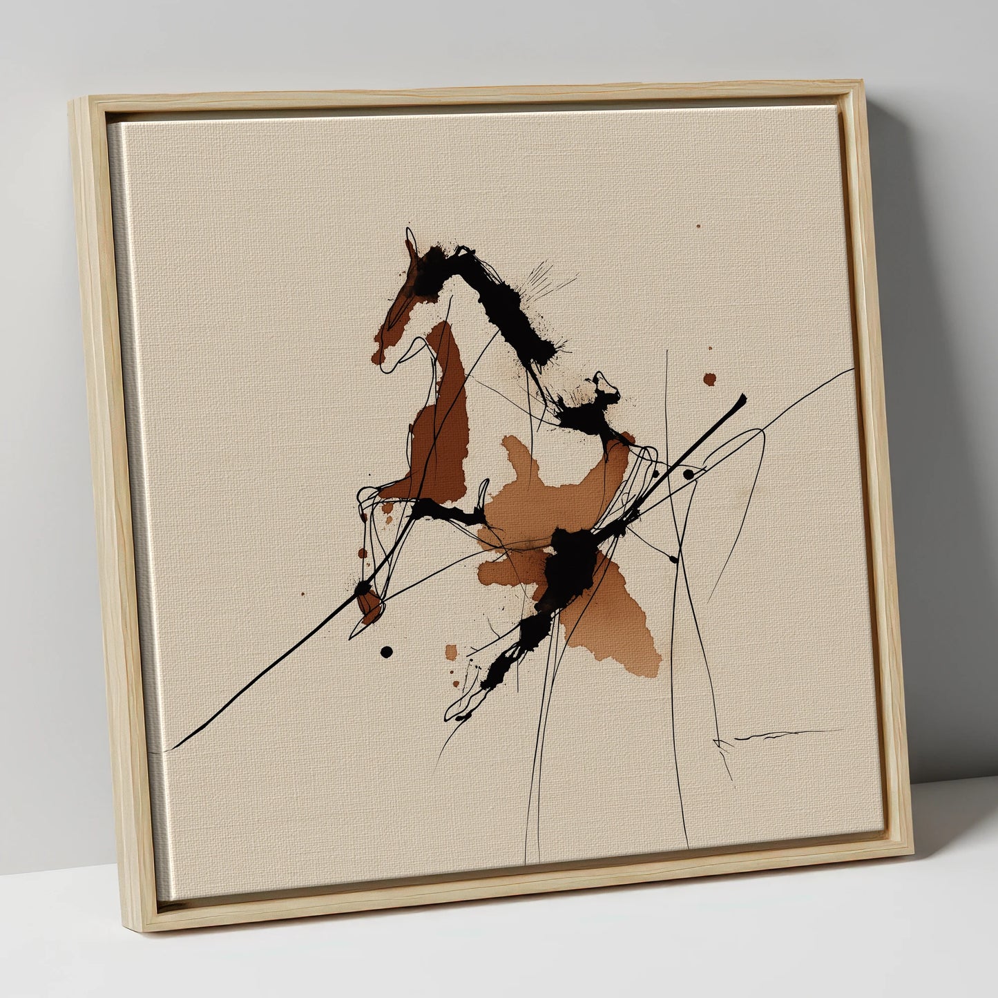 Abstract Rearing Stallion horse portrait canvas wall art in natural frame