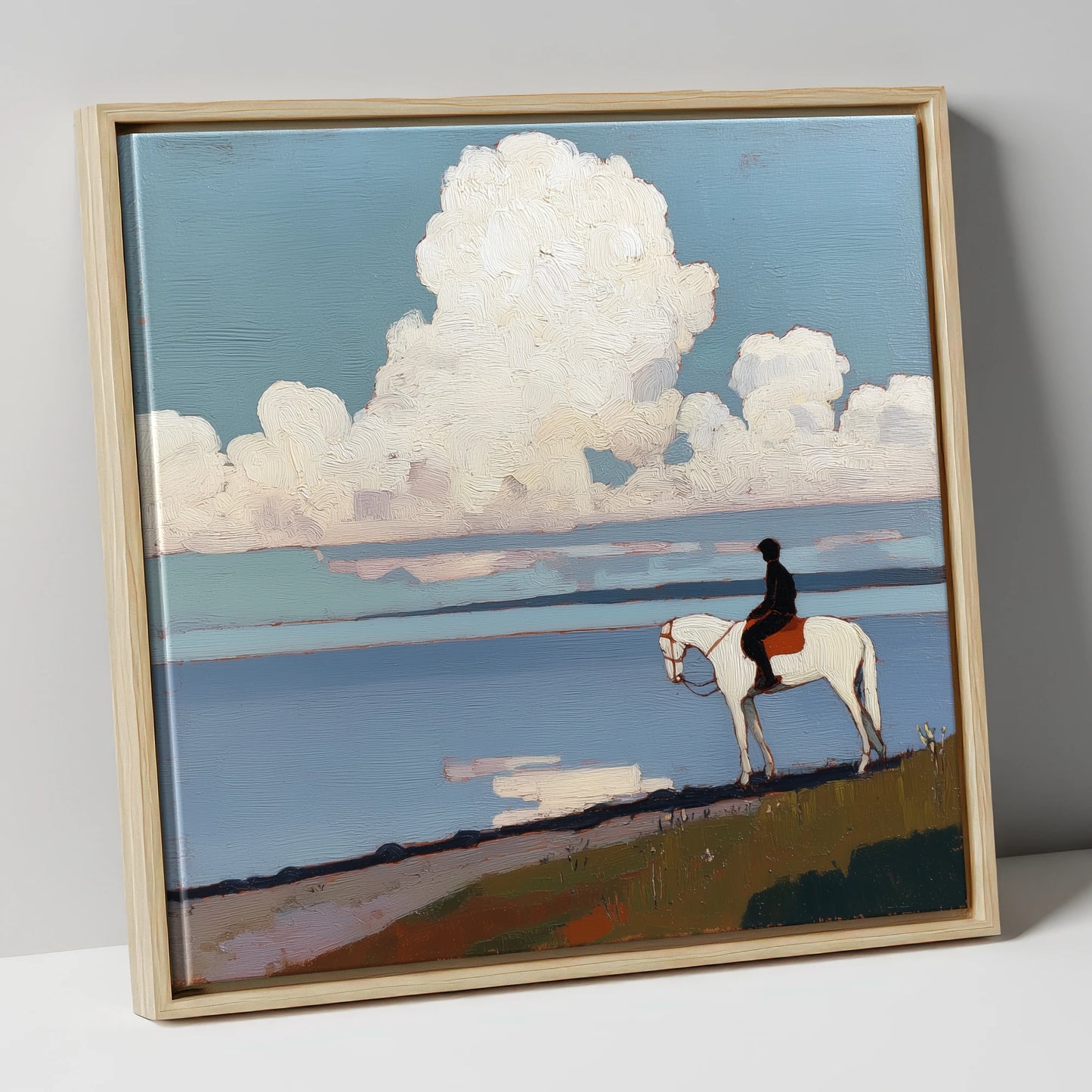 Coastal Contemplation beach horse canvas wall art in natural frame
