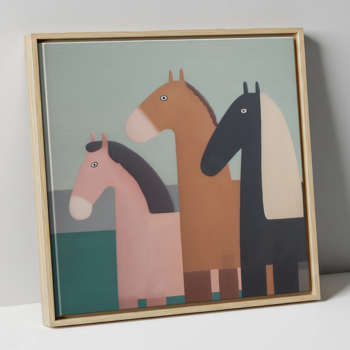 Muted Companions horse landscape canvas wall art in natural frame