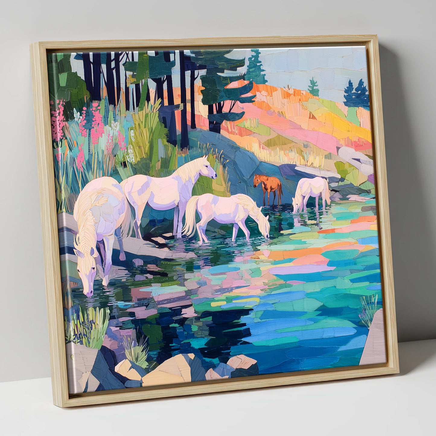 Kaleidoscope Watering Hole wild horses canvas wall art in natural frame