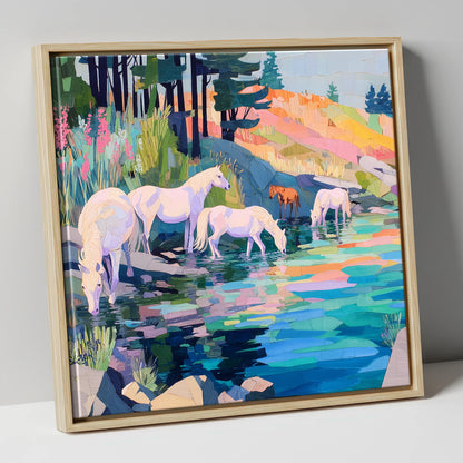 Kaleidoscope Watering Hole wild horses canvas wall art in natural frame