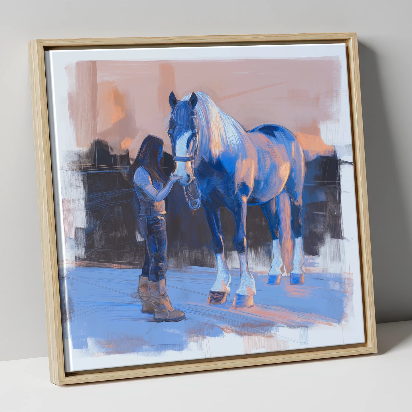 The Gentle Bond horse & rider canvas wall art in natural frame