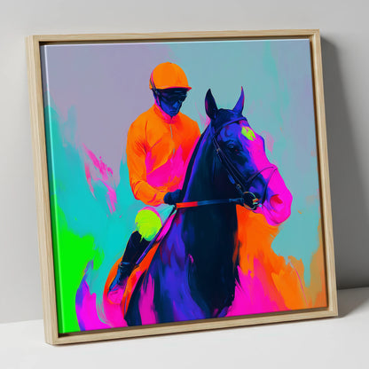 Technicolour Sprint racing horse canvas wall art in natural frame