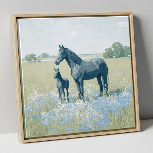 The Blue Meadow mare & foal canvas wall art in natural frame
