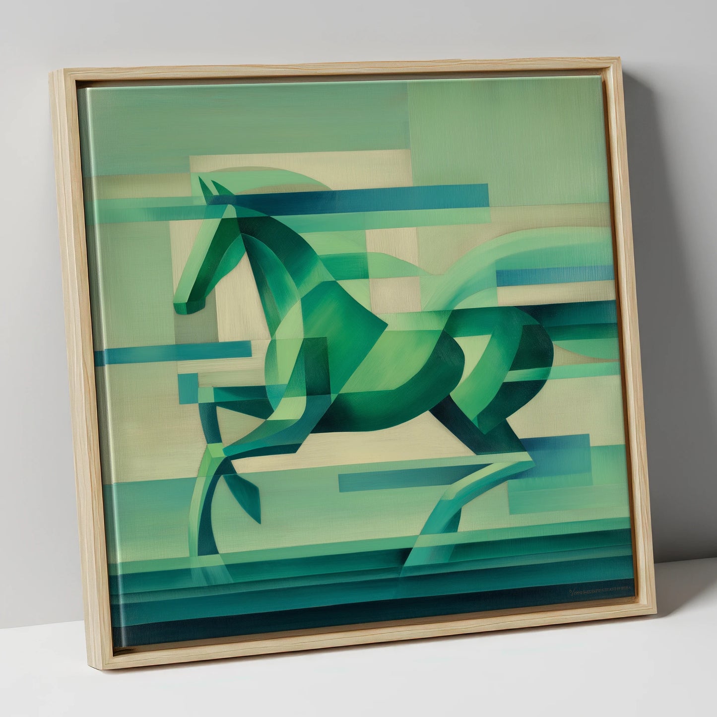 Abstract Emerald Canter horse portrait canvas wall art in natural frame