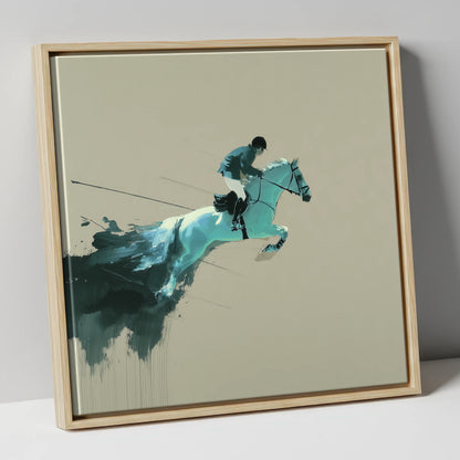 Momentum in Teal show jumping horse canvas wall art in natural frame