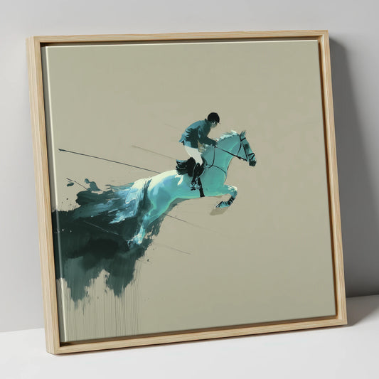 Momentum in Teal show jumping horse canvas wall art in natural frame