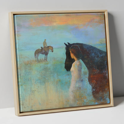 Distant Echoes horse & rider canvas wall art in natural frame
