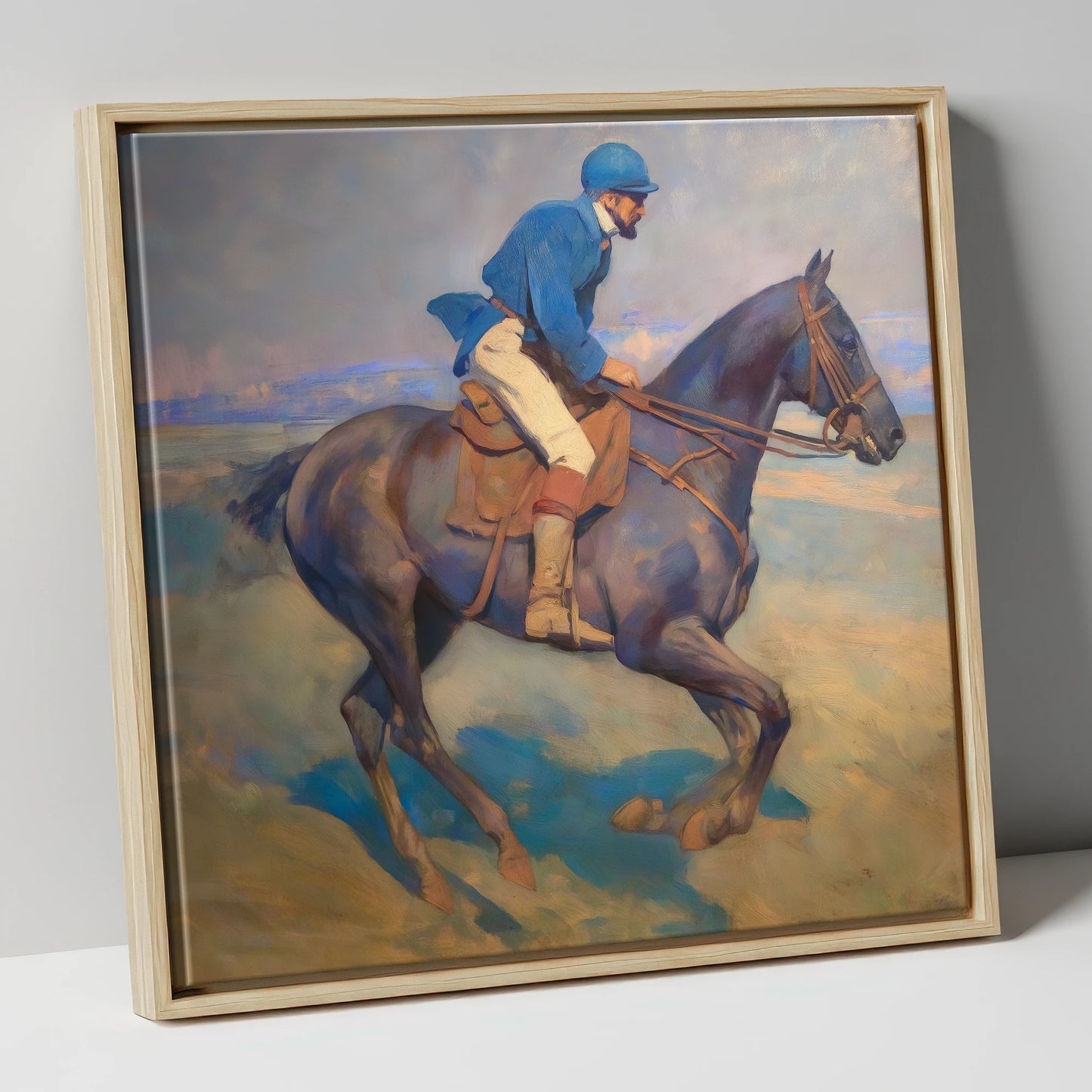 Azure Rhythm at Dawn racing horse canvas wall art in natural frame