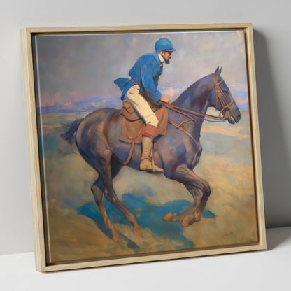 Azure Rhythm at Dawn racing horse canvas wall art in natural frame