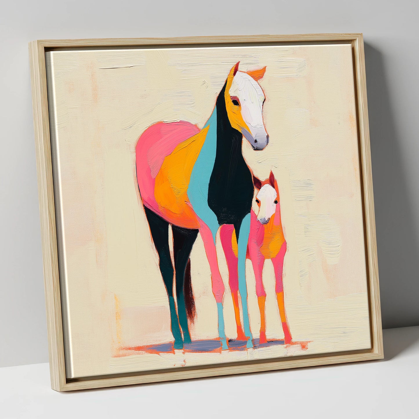 Vibrant Painted Bond mare & foal canvas wall art in natural frame