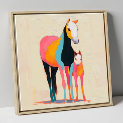 Vibrant Painted Bond mare & foal canvas wall art in natural frame