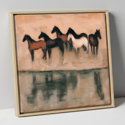 The Quiet Shallows wild horses canvas wall art in natural frame