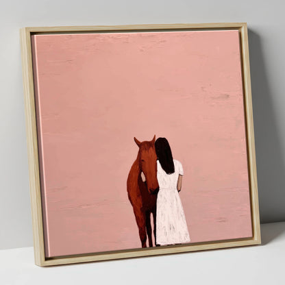 The Quiet Embrace horse & rider canvas wall art in natural frame